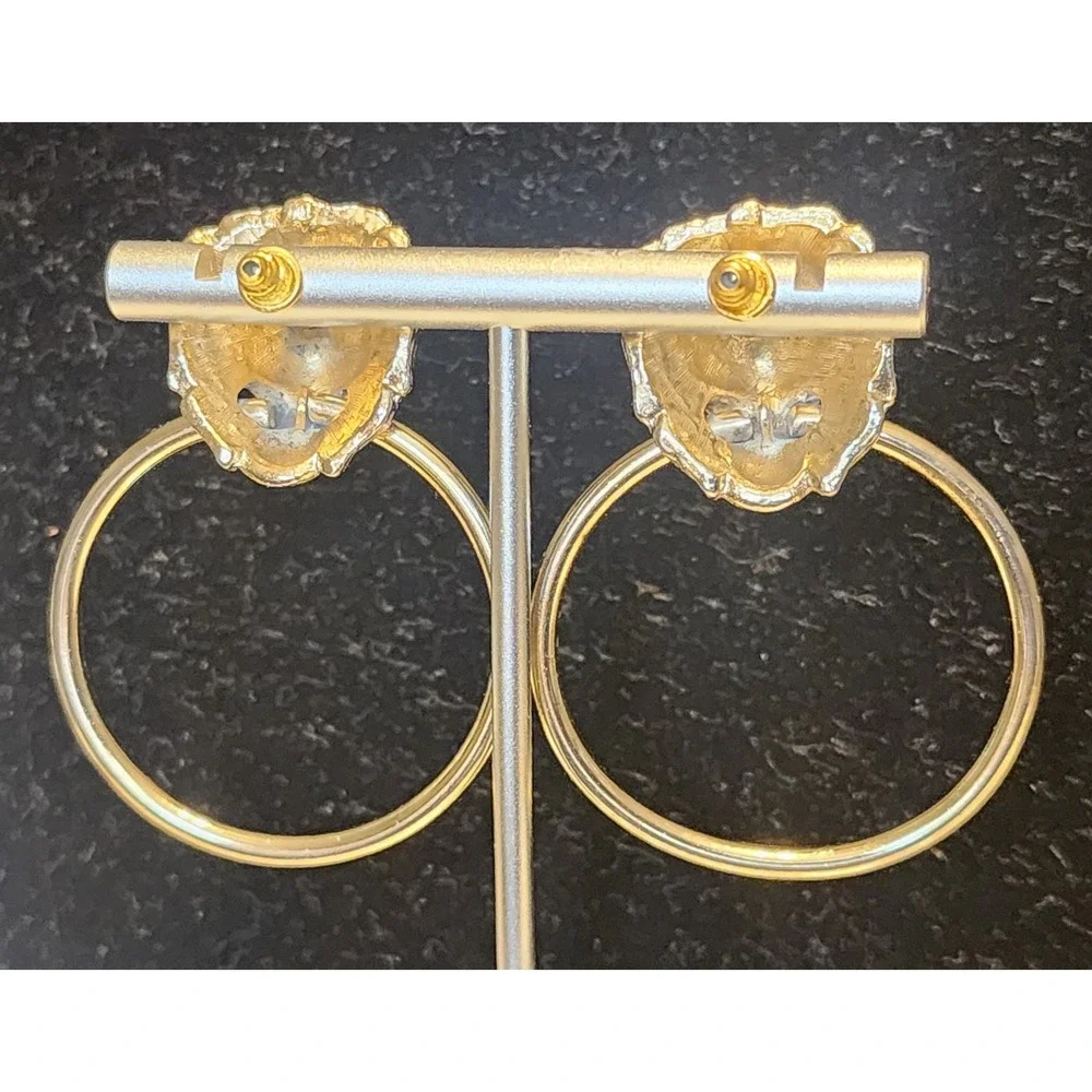 Vintage Gold Tone Lion Head Door Knocker Hoop Earrings Statement Leo